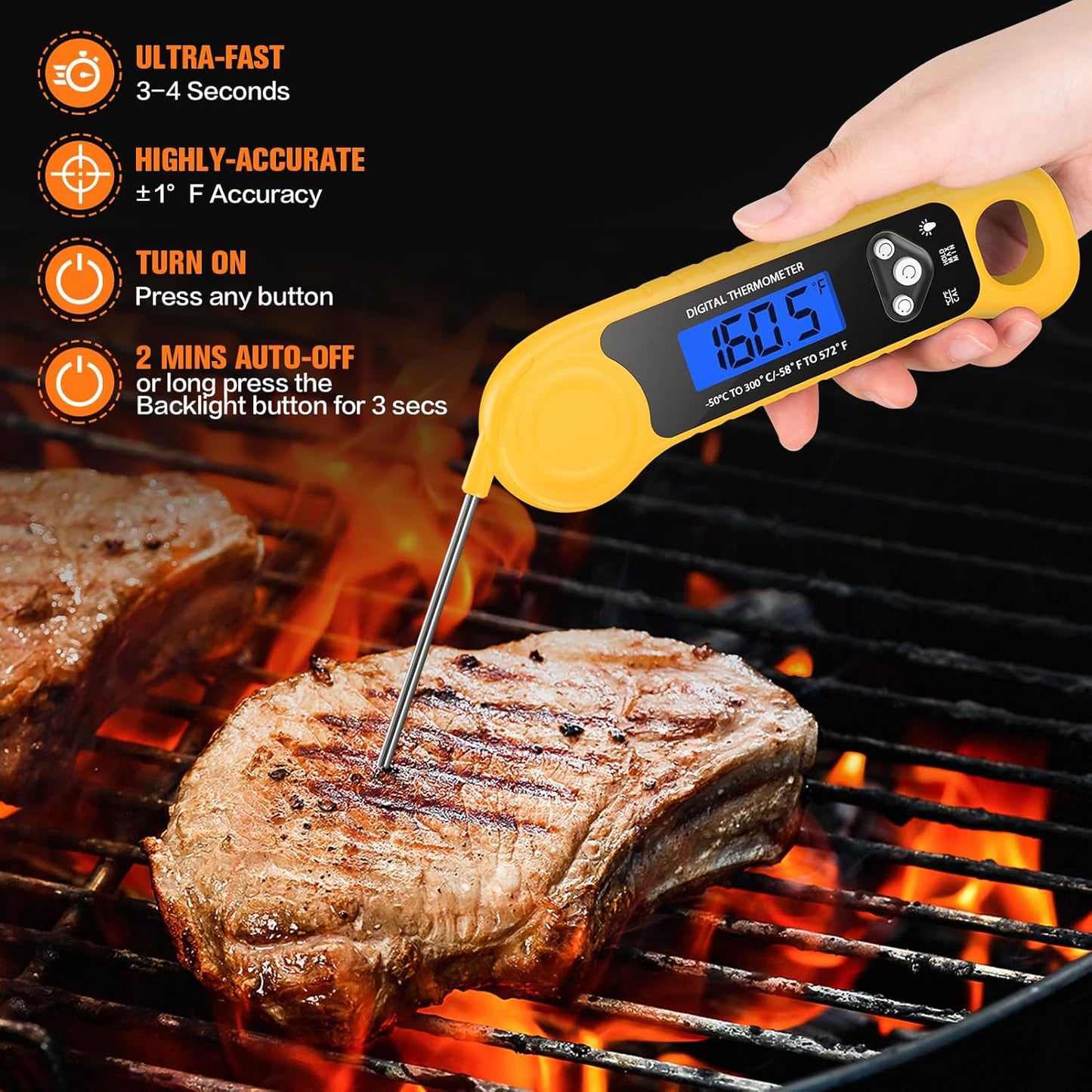 Meat Thermometer Digital, Instant Read Food Thermometer Waterproof with Backlight for Cooking, Deep Fry, BBQ, Grill, Smoker and Roast (Yellow)