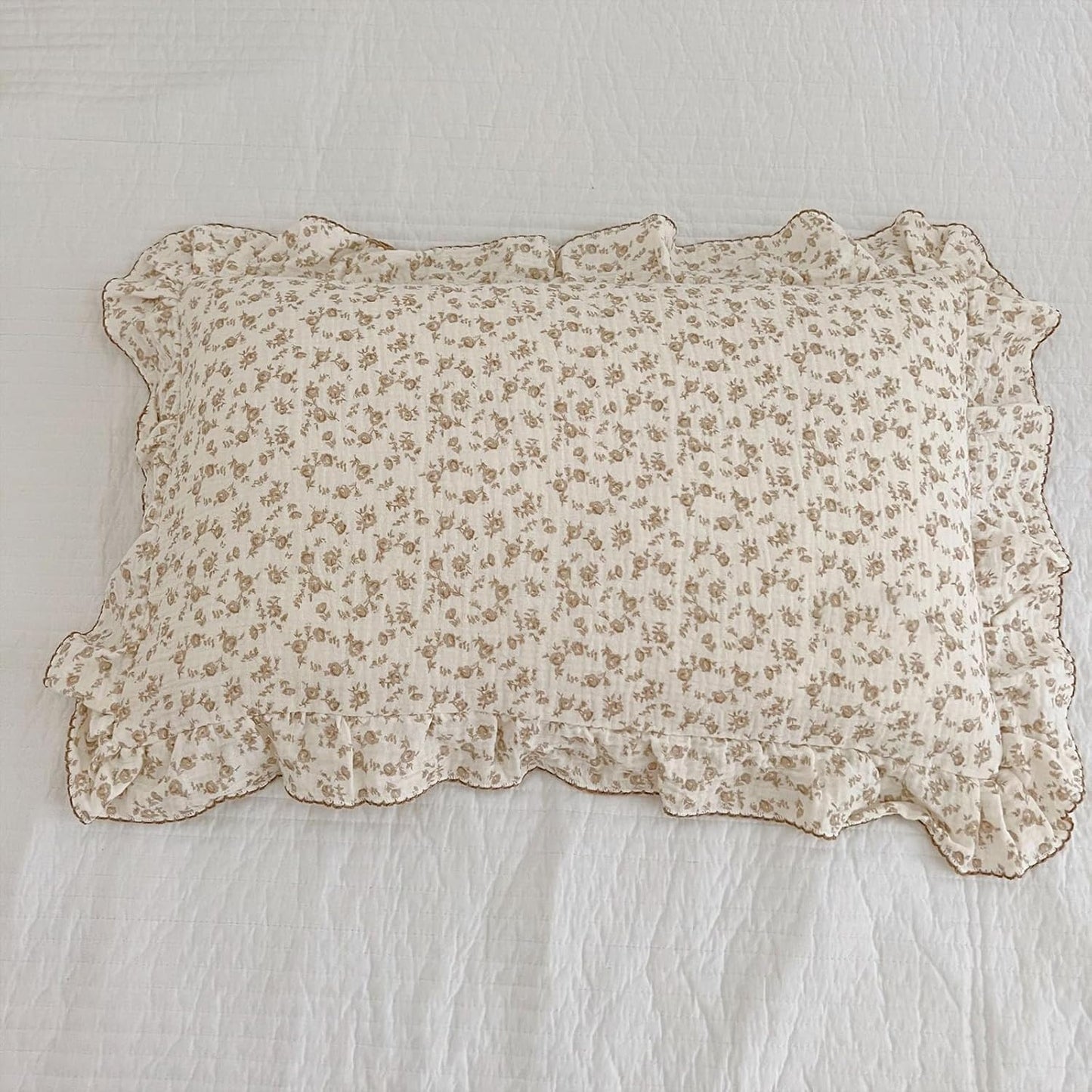 BuLuTu Camellia Floral Print Pillowcase King Muslin Cotton Pillow Case Chic Shabby Pillow Cover with Ruffles Enveloped Pillowcases, Machine Washable, 20x36 inch, 1 Piece