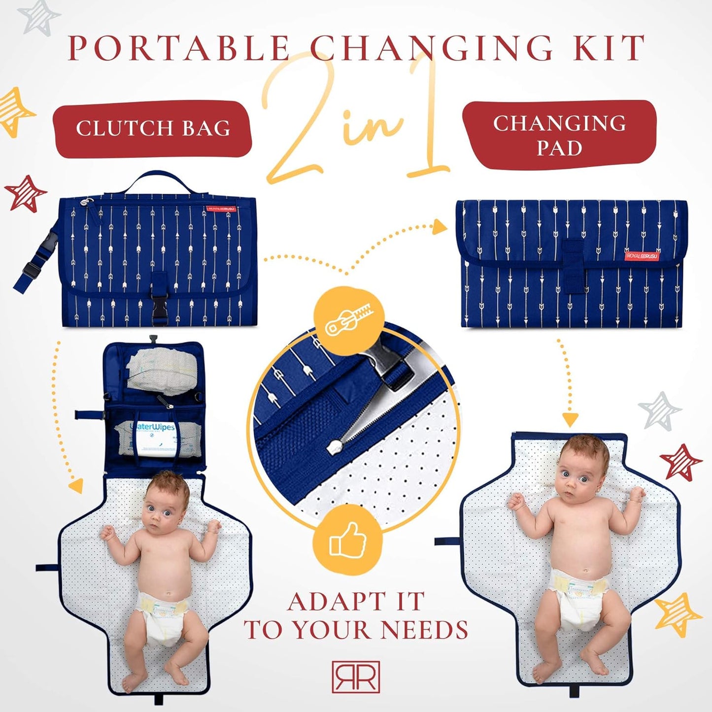 Portable Diaper Changing Pad Waterproof – B0NUS Insulated Baby Bottle Bag, 2-in-1 Diaper Clutch and Changing Mat, Wipe Clean Portable Changing Pad with Built-in Head Cushion (Dark Blue)