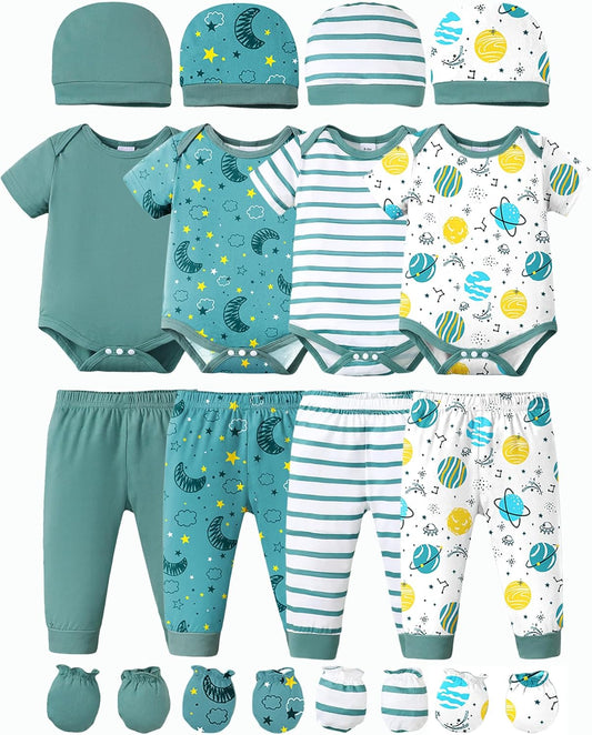 NZRVAWS Newborn Baby Boy Girl Clothes Unisex Infant Romper Pants Set Hat 4-Pack Outfits 0-12 Months 16 Pieces Toddler