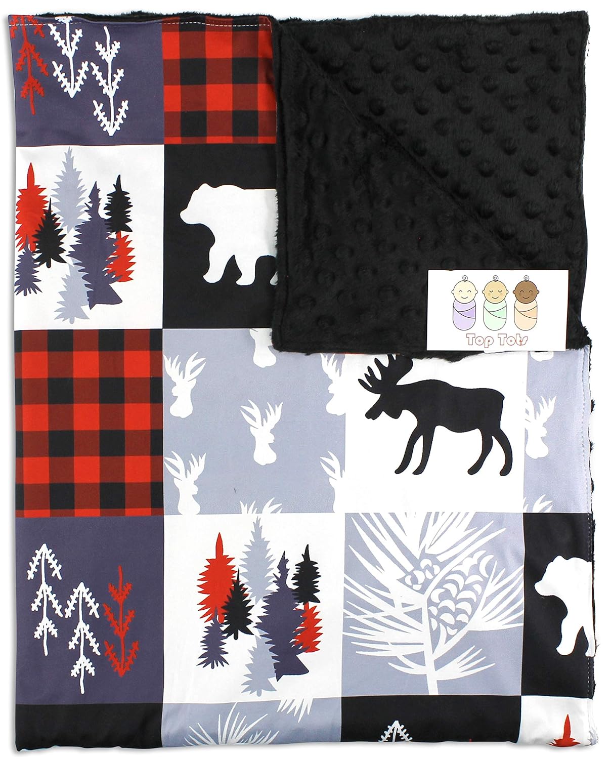 Top Tots Baby Blanket - Minky, Moose, Bear, Deer Heads, Trees and Vines, Red and Black Plaid with White and Gray