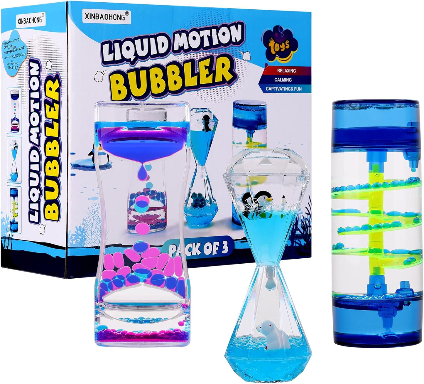 XINBAOHONG Liquid Motion Bubbler for Kids and Adults 3-Pack Hourglass Liquid Bubbler Timer for Sensory Play Fidget Toy Stress Management Desk Decor