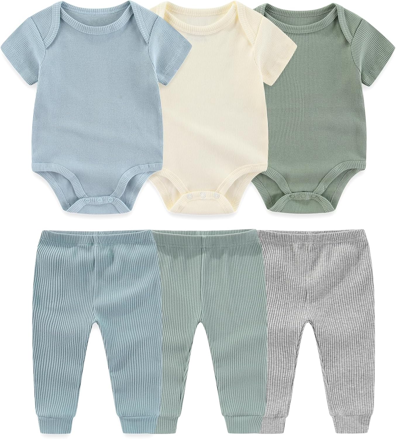 Baby Bodysuit and Pant Set 6-pcs Ribbed Soft Infant Boy Girl Clothes Outfits