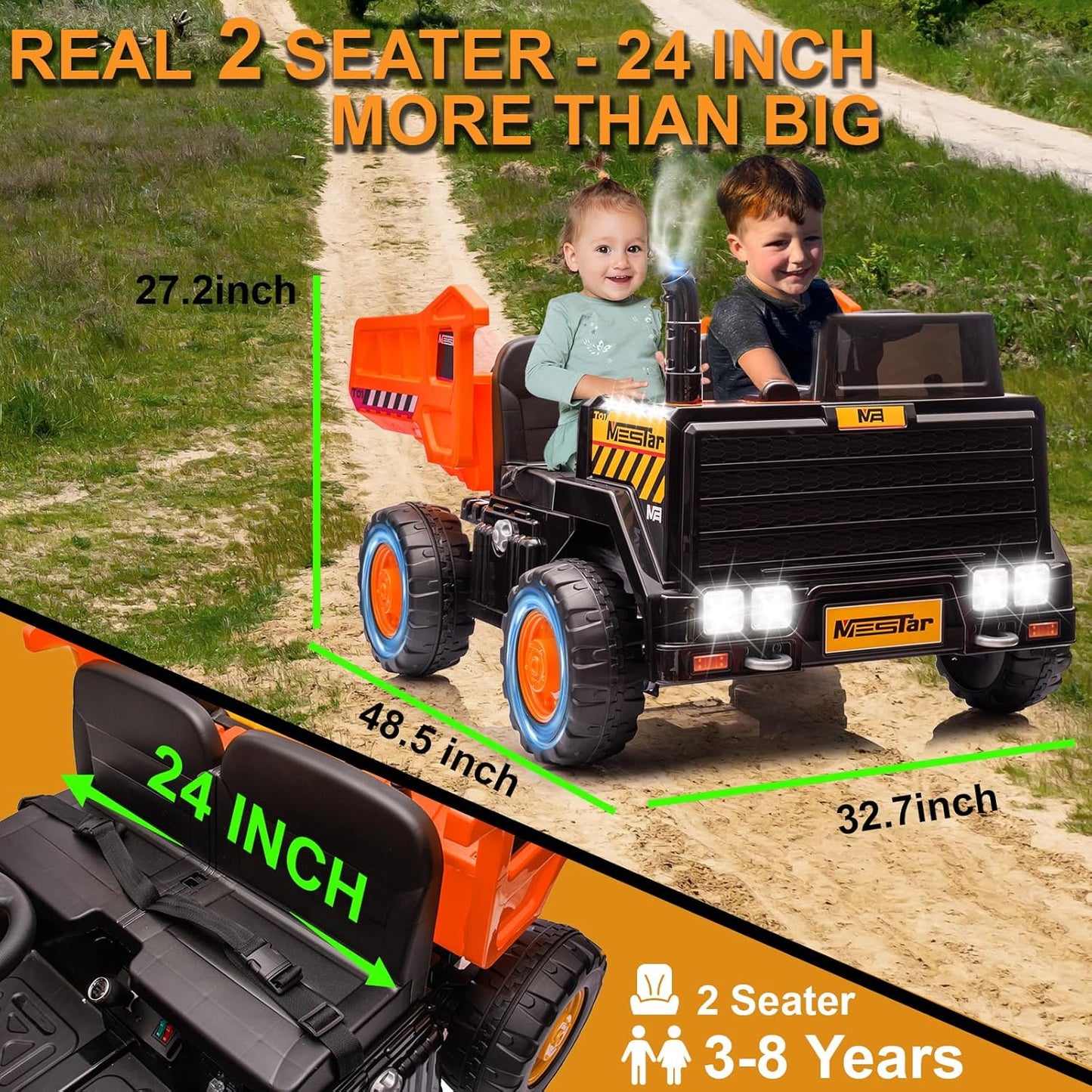 24V Ride On Dump Truck, 24inch-2 Seater Ride On Car for Kids w/Remote Control 4WD/2WD Up to 5 Mph, 24v Ride on Toys for Big Kids w/Electric Dump Bed Extra Shovel Traffic Cones (Orange)