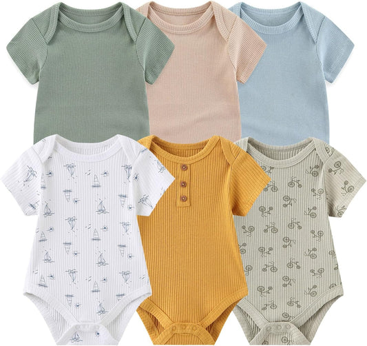 Baby Bodysuit 6 Pack Soft Mixed Ribbed Short Sleeve Romper Infant Boy Girl Clothes Set
