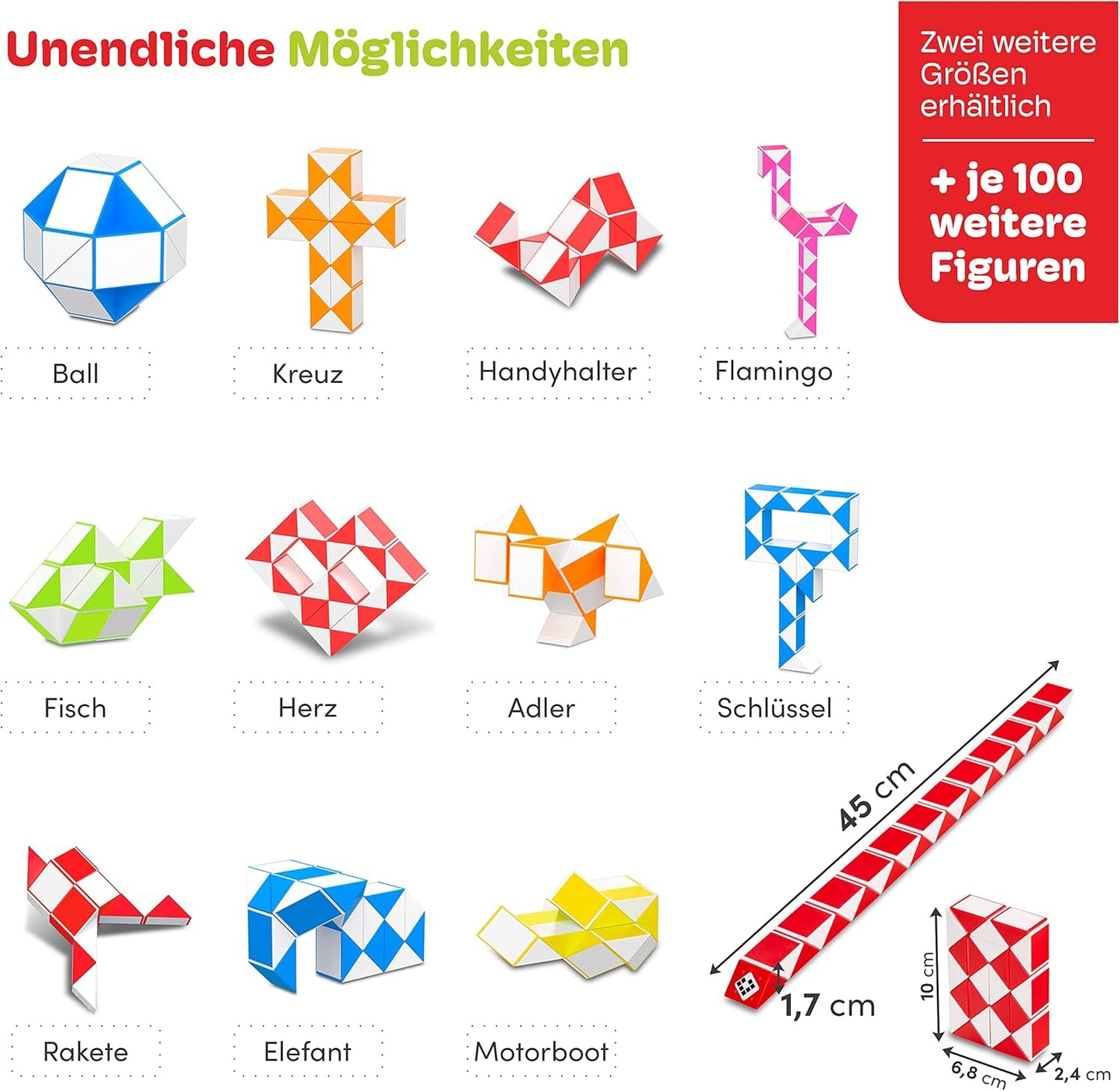 CUBIDI® Magic Snake Cube | Fidget Snake Toy for Kids | Travel Toys for Kids Ages 4-8 | Great Gift for Boys and Girls Birthday, Christmas, Stocking Stuffers - 24 Blocks | 0.9 inch x 0.7 inch | Red