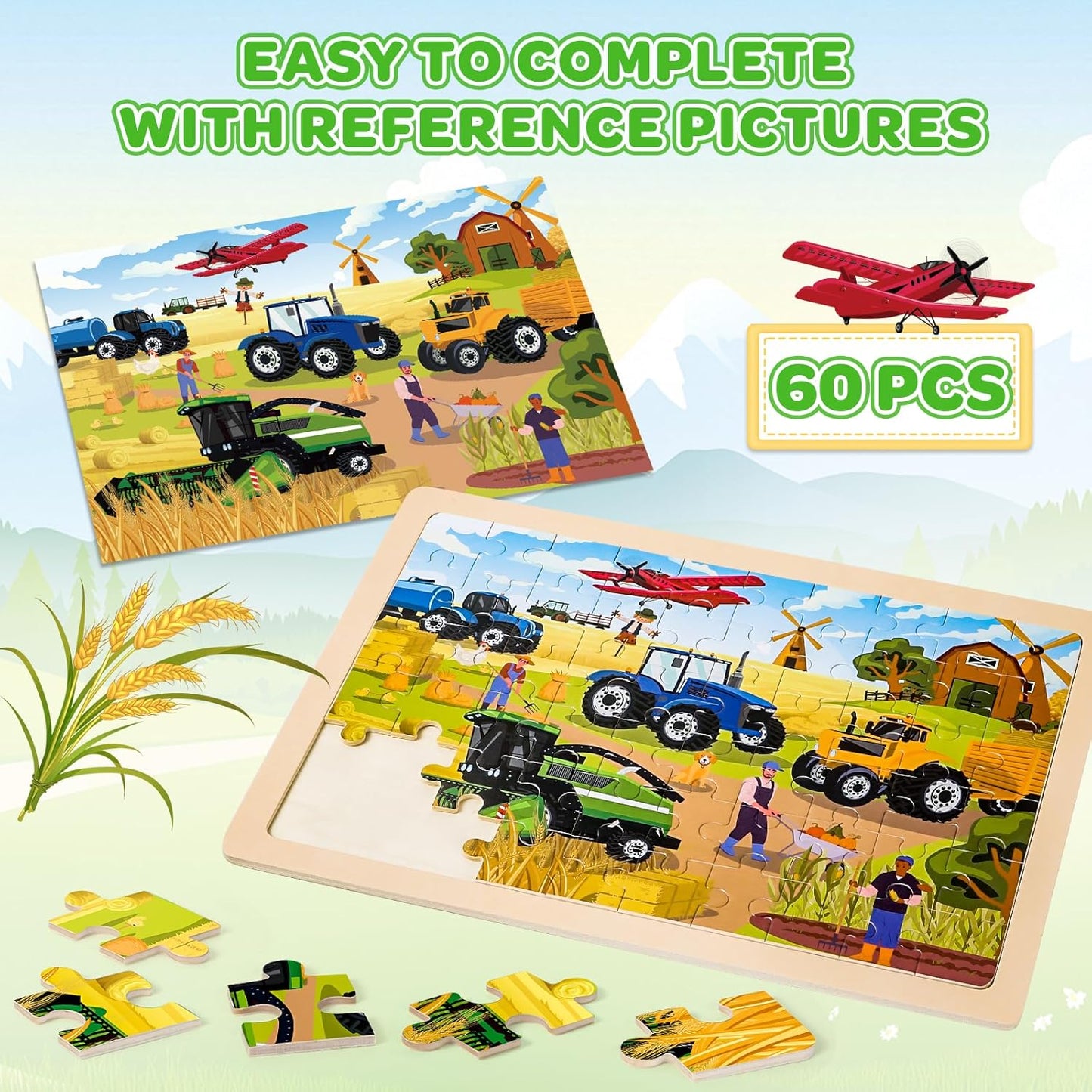Puzzles for Kids Ages 4-6, 6 Packs 60 Pcs Wooden Jigsaw Puzzles for Kids Ages 6-8, Preschool Educational Vehicle Toys Gifts for 3 4 5 6 7 8 Boys Girls
