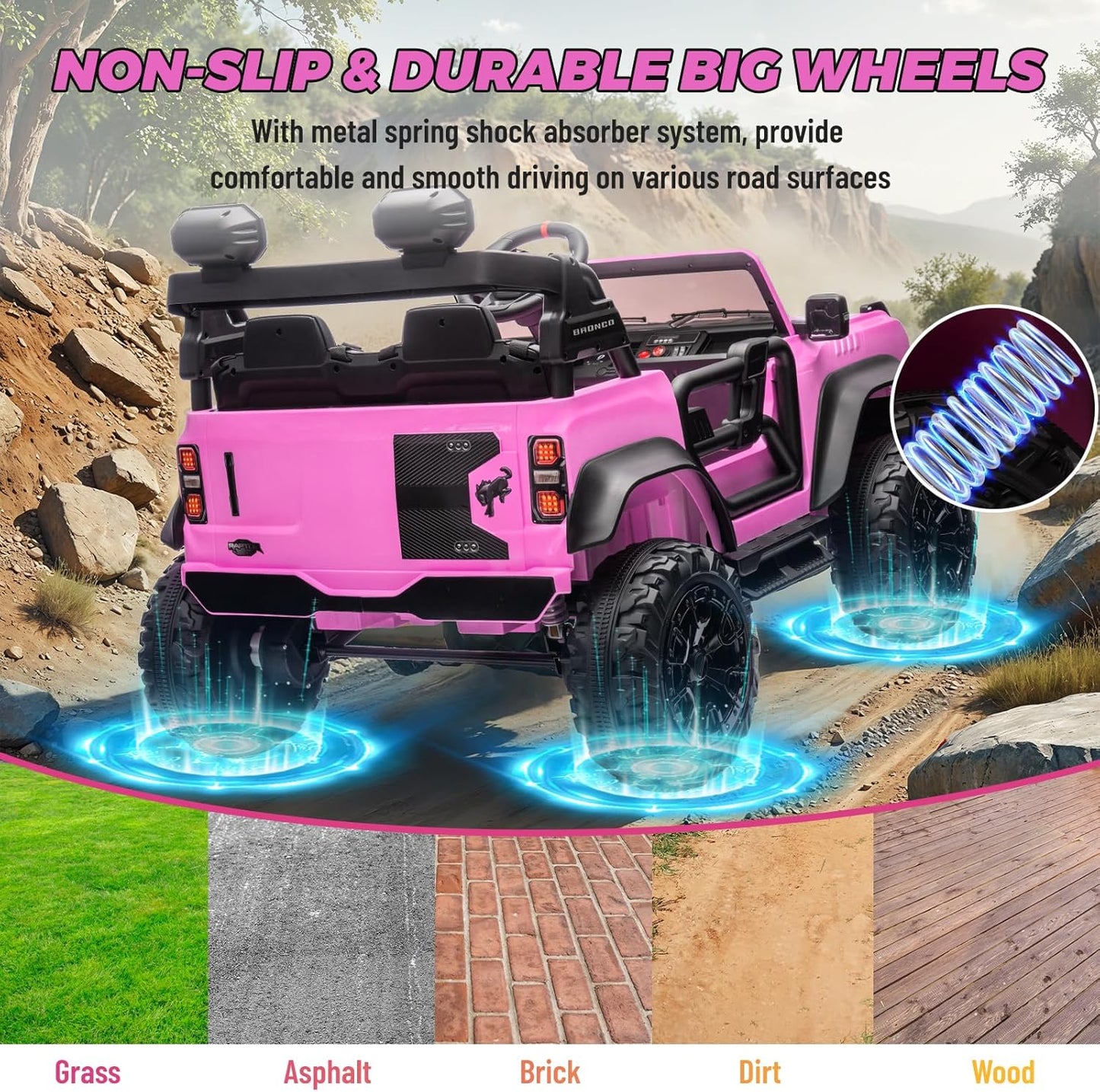 ENYOPRO 24V Ride On Toys for Big Kids, Licensed Ford Bronco Raptor 2 Seater Kids Electric Vehicle, Battery Powered Ride On Car Jeeps w/Remote Control, Bluetooth, 3 Speed, LED Lights for Ages 3+, Pink