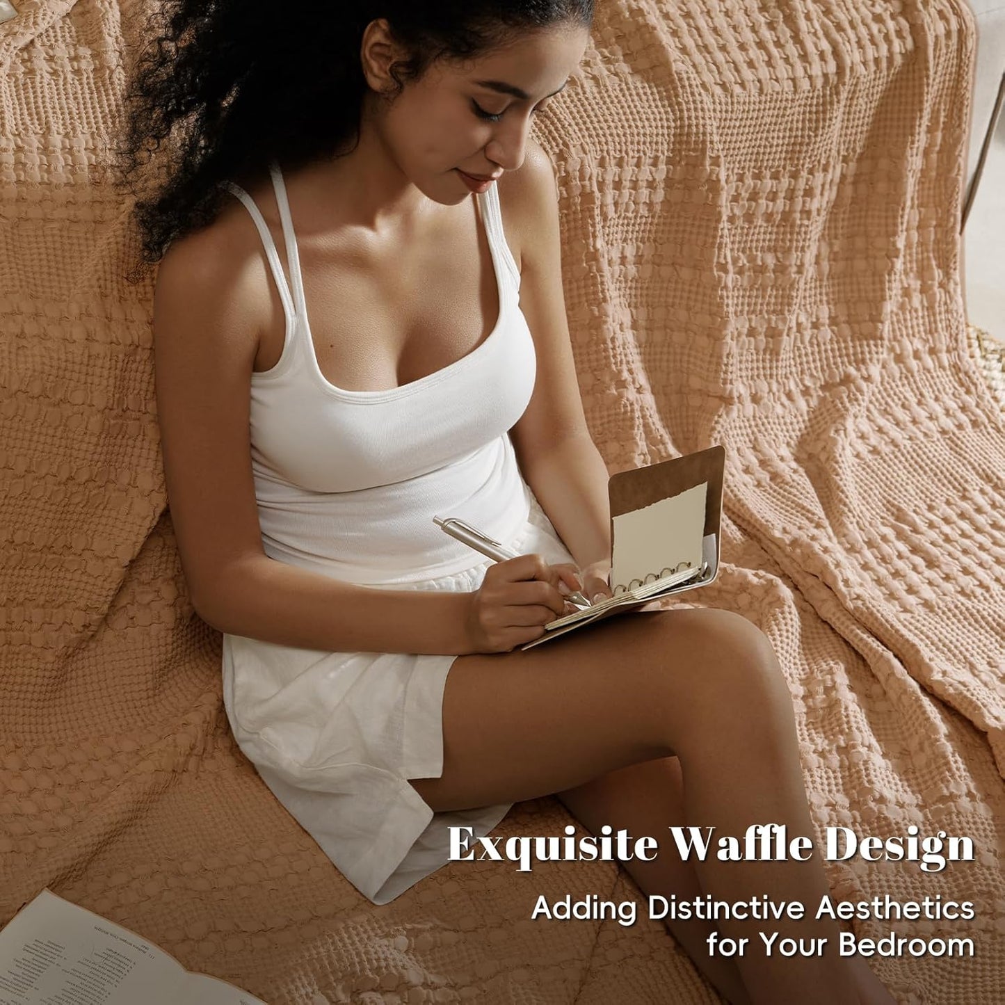 PHF 100% Cotton Waffle Weave Blanket Queen Size, Soft Lightweight Breathable Cozy Summer Blankets for Bed, Luxury Aesthetic Woven Bedding for Home Decor, 90"x90", Camel