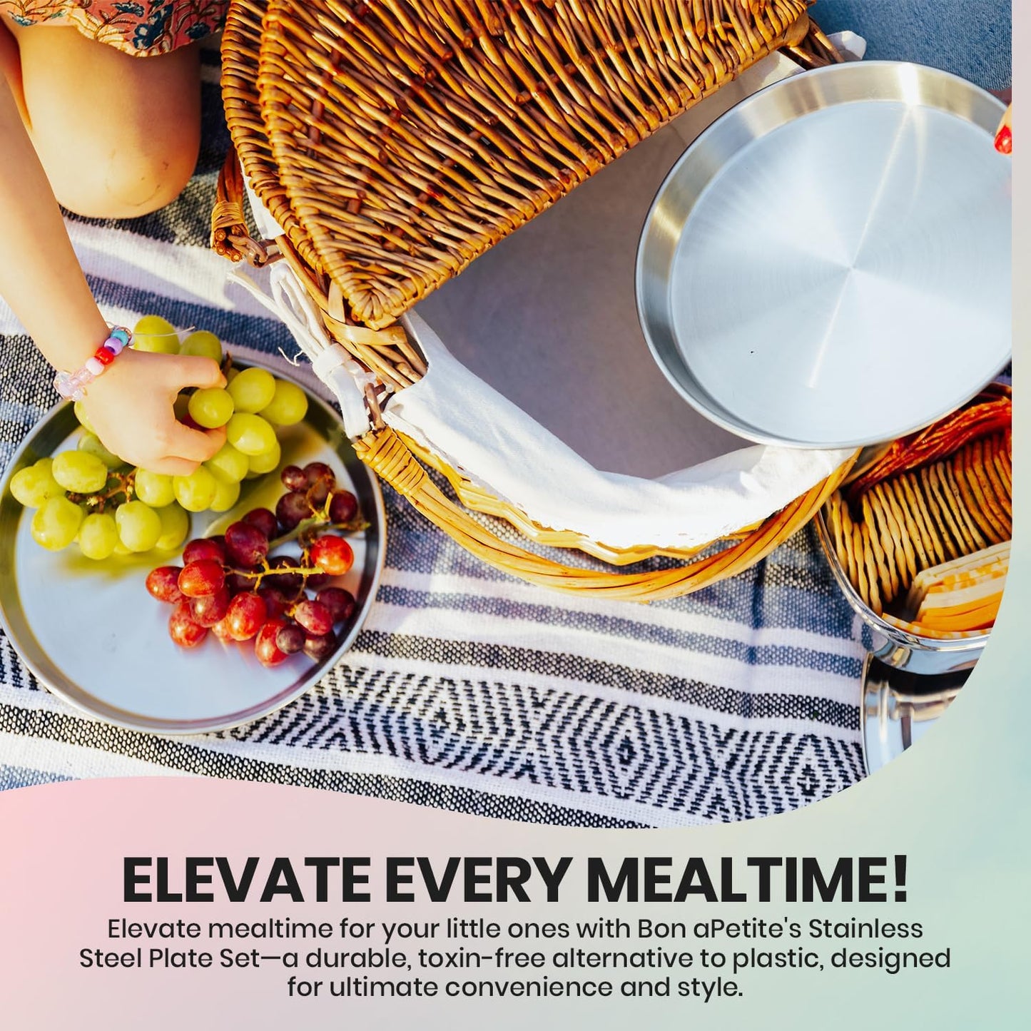 Children's 304 Stainless Steel Four (4) Piece Plate Set, 21 cm, Matte Finish, Plates for Kids, Toxin Free Stainless Steel Dinnerware Set, Non-Divided Plates, 100% BPA Free