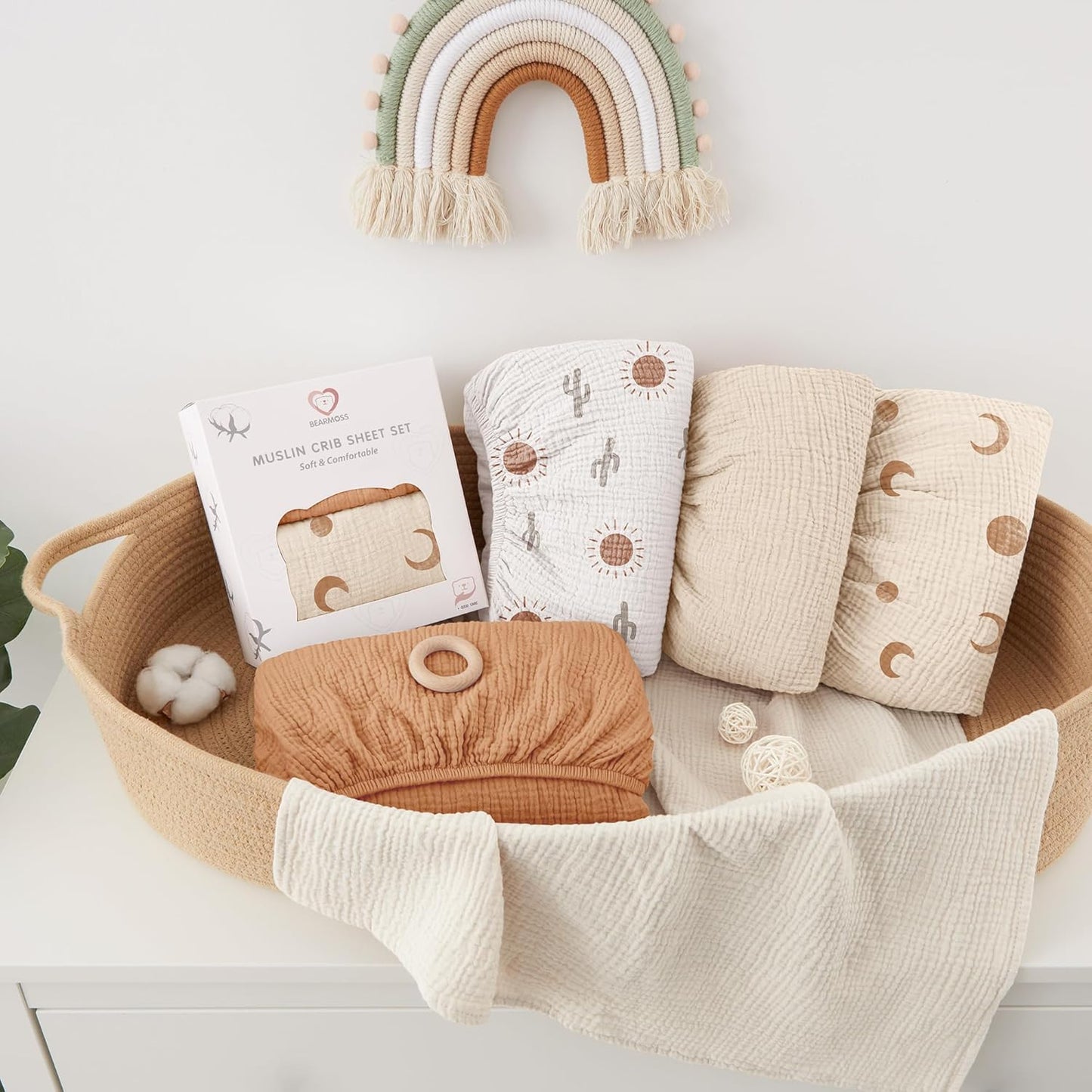 Bearmoss Muslin Crib Sheets 100% Cotton Baby Bed Sheets Soft&Breathable Nursery Sheet 52"x28" for Standard Crib Mattress&Toddler Bed Mattress - 2 Pack (Brown Moon)