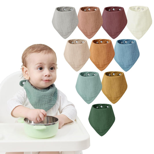 JELLYMONI 10 Pack Muslin Drool Bibs for Babies - Soft Adjustable Bandana Bib with Snaps, Absorbent Unisex Teething Bib for Newborn Girls & Boys