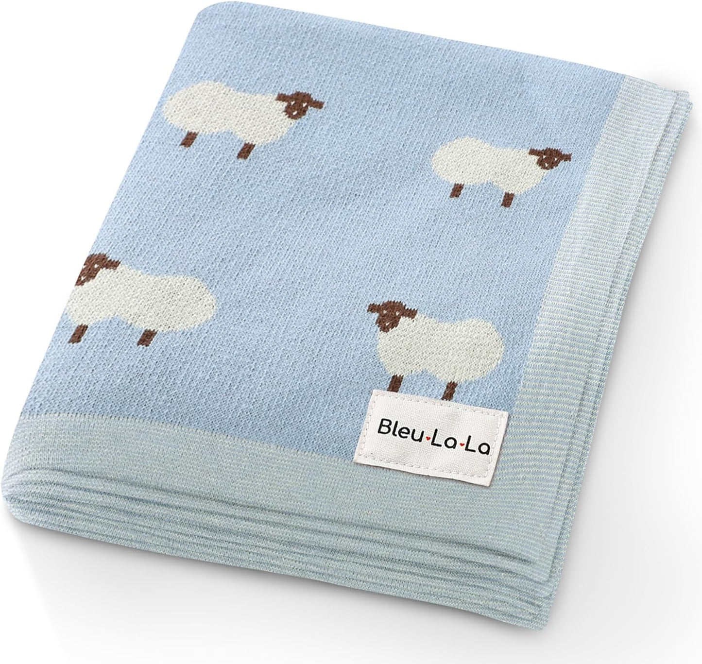 Knit Baby Swaddle Blanket for Boys - 100% Cotton Soft Cozy Lightweight Receiving Swaddling Crib Stroller Quilt Blanket for Newborns Infants Toddlers (Sheep - Baby Blue)
