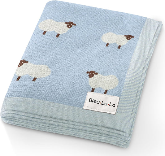 Knit Baby Swaddle Blanket for Boys - 100% Cotton Soft Cozy Lightweight Receiving Swaddling Crib Stroller Quilt Blanket for Newborns Infants Toddlers (Sheep - Baby Blue)
