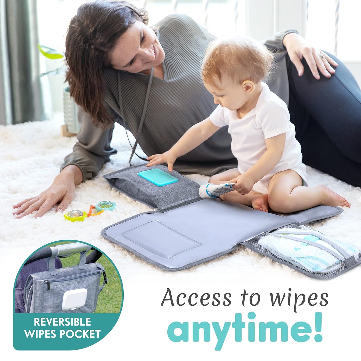 Kopi Baby Portable Diaper Changing Pad - Baby Diaper Changer Travel Bag with Wipes Pocket, Smart Design Portable Changing Mat, Infant Travel Station Kit, Gift for Newborn Girl & Boy - Grey, Modern