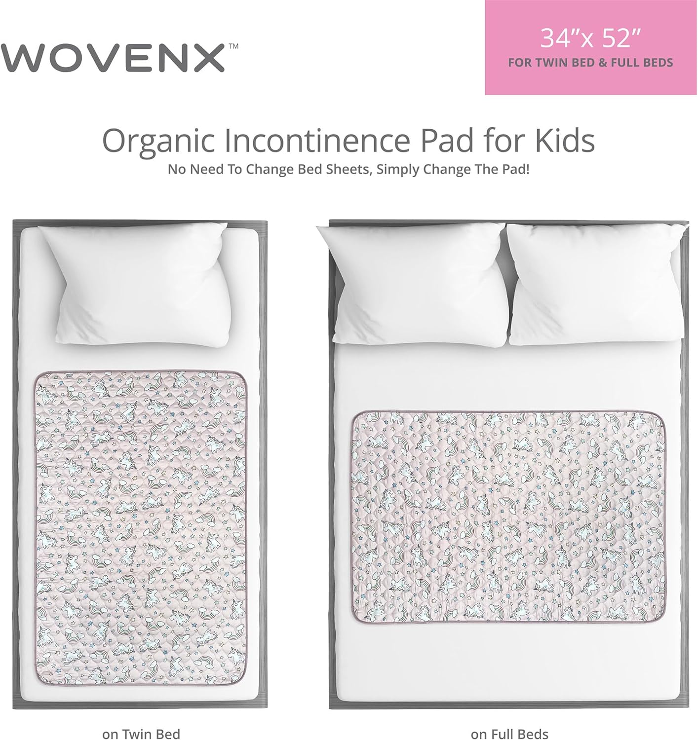 Organic Incontinence Pads for Kids & Toddlers - 5 Layer Waterproof Protectors for Overnight Bed Wetting - Reusable & Washable Pee Pads - Fits Twin to Full Size Beds - 34" x 52" Unicorn