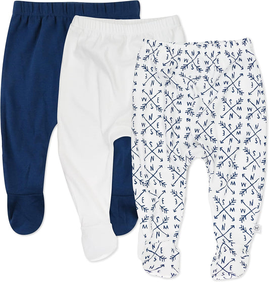 HonestBaby 3-pack Footed Pants Roomy Fit Pull on Bottoms 100% Organic Cotton for Infant Baby Boys, Girls, Unisex