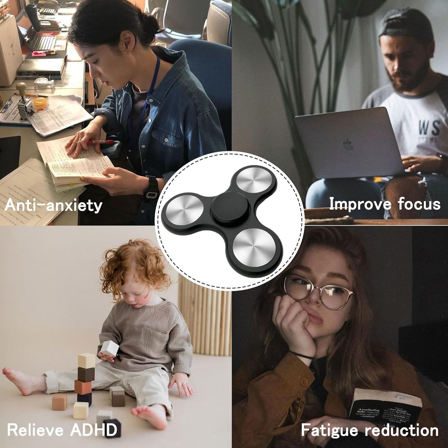 Fidget Spinners Toy Ultra Durable Stainless Steel Bearings High Speed 3-6 Min Spins Metal Material Hand Spinner ADHD Focus Anxiety Toys Stress Relief Reducer Fidget Spinner for Kids Adults-Black