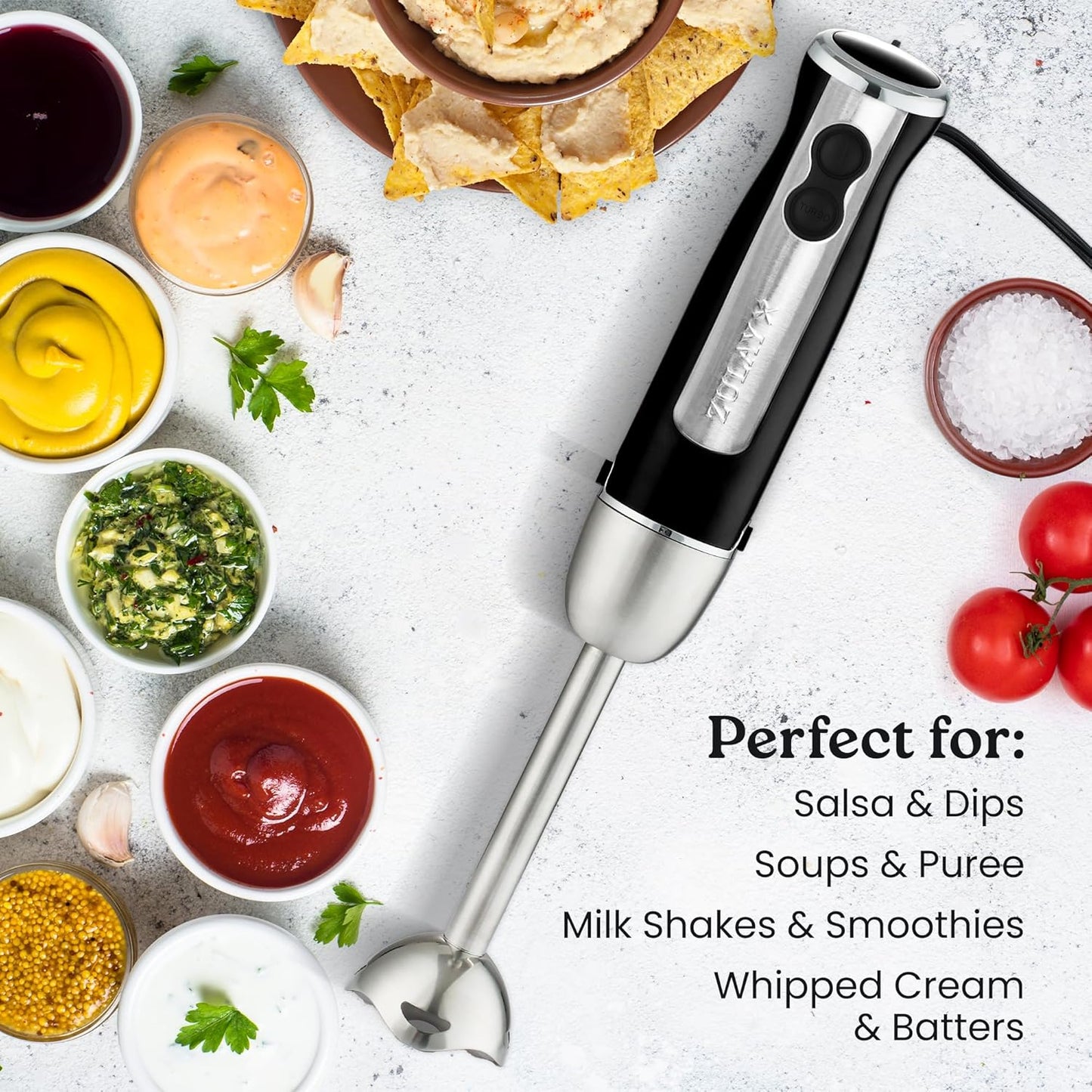 Zulay Immersion Stick Mixer Hand Blender - 800 Watts, Turbo Mode, 5-ft Power Electric Cord, Handheld Portable, Stainless Steel Blades - For Effortless Blending Smoothie, Soup, Baby Food, Puree - Black