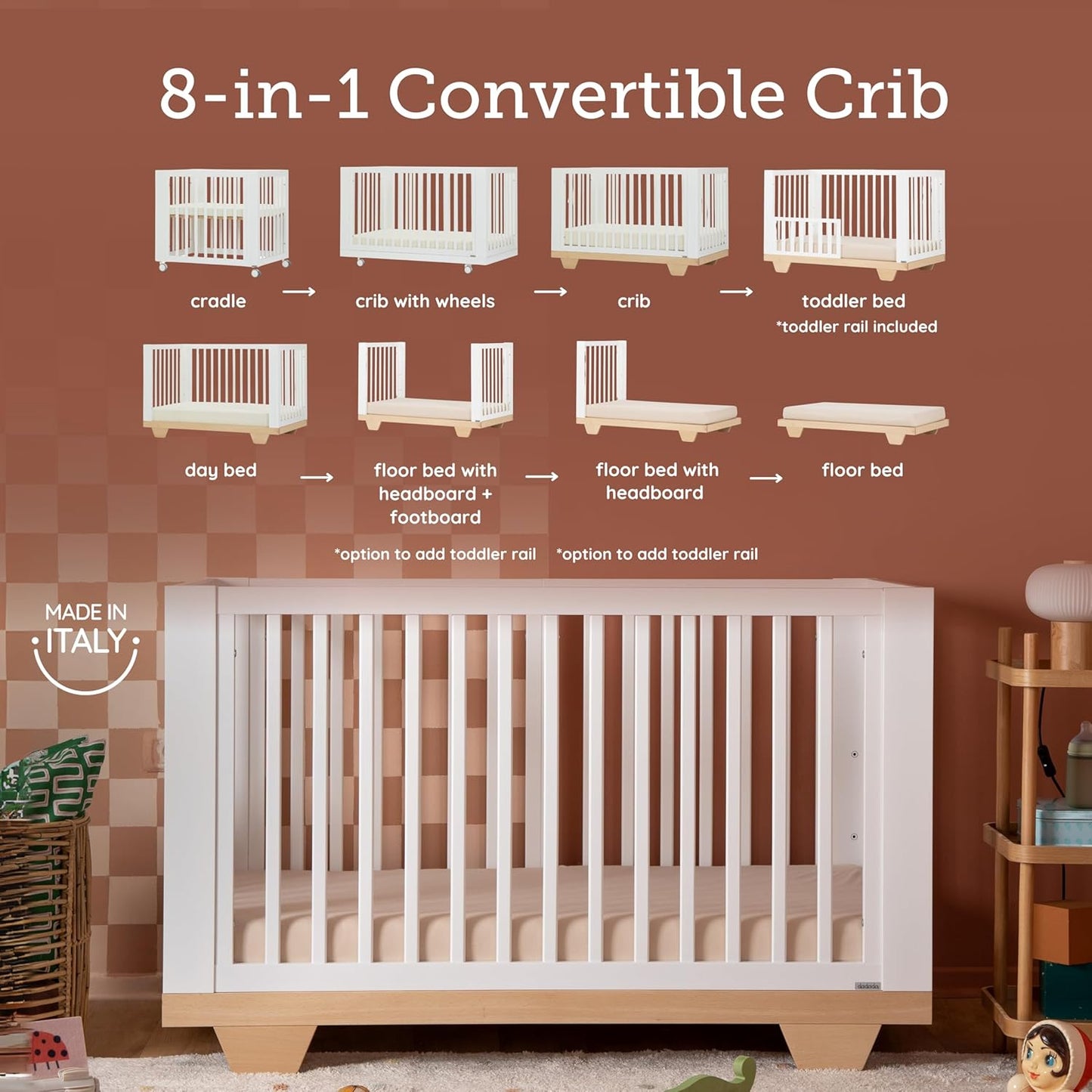 dadada Spirit 8 in 1 Convertible Crib to Toddler Bed & Floor Bed, Made in Italy, Greenguard Gold Certified, Adjustable Mattress Heights (White + Natural)