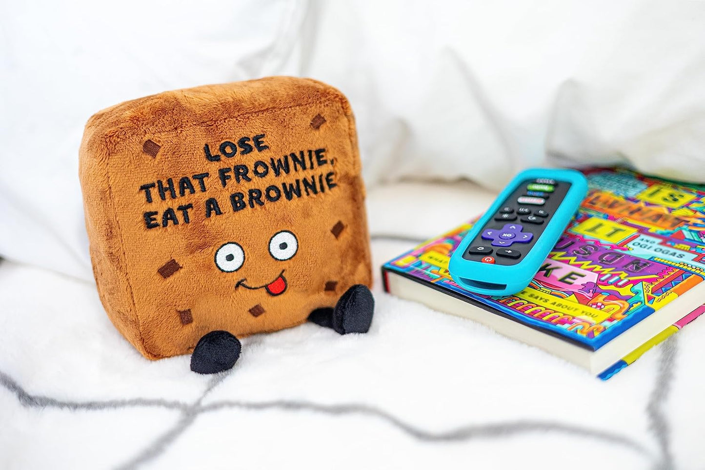 Brownie Foodie Plushie, Funny Pun Meme Gag Gift, White Elephant, Stocking Stuffer Present, Great for Emotional Support, Fun Desk Accessory, Weighted Base for Display