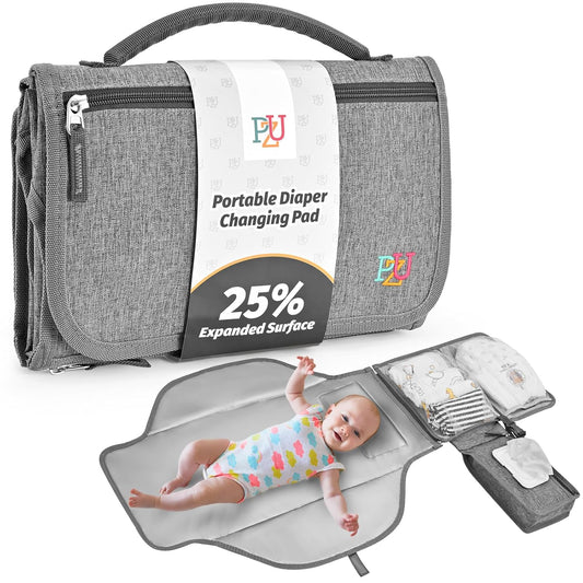 PZU Portable Diaper Changing Pad - Changing Pad Portable with Wipes Pocket, Waterproof Diaper Changing Mat, Portable Changing Pad for Baby, Newborn Gift（Grey）