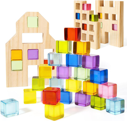 Wooden Building Blocks Set for Kids, 36 PCS Rainbow Acrylic Gem Cubes Blocks - 3 Wood House, Montessori Stacking Toy for Toddlers, Educational STEM Birthday Toys for Boys Girls 3-6