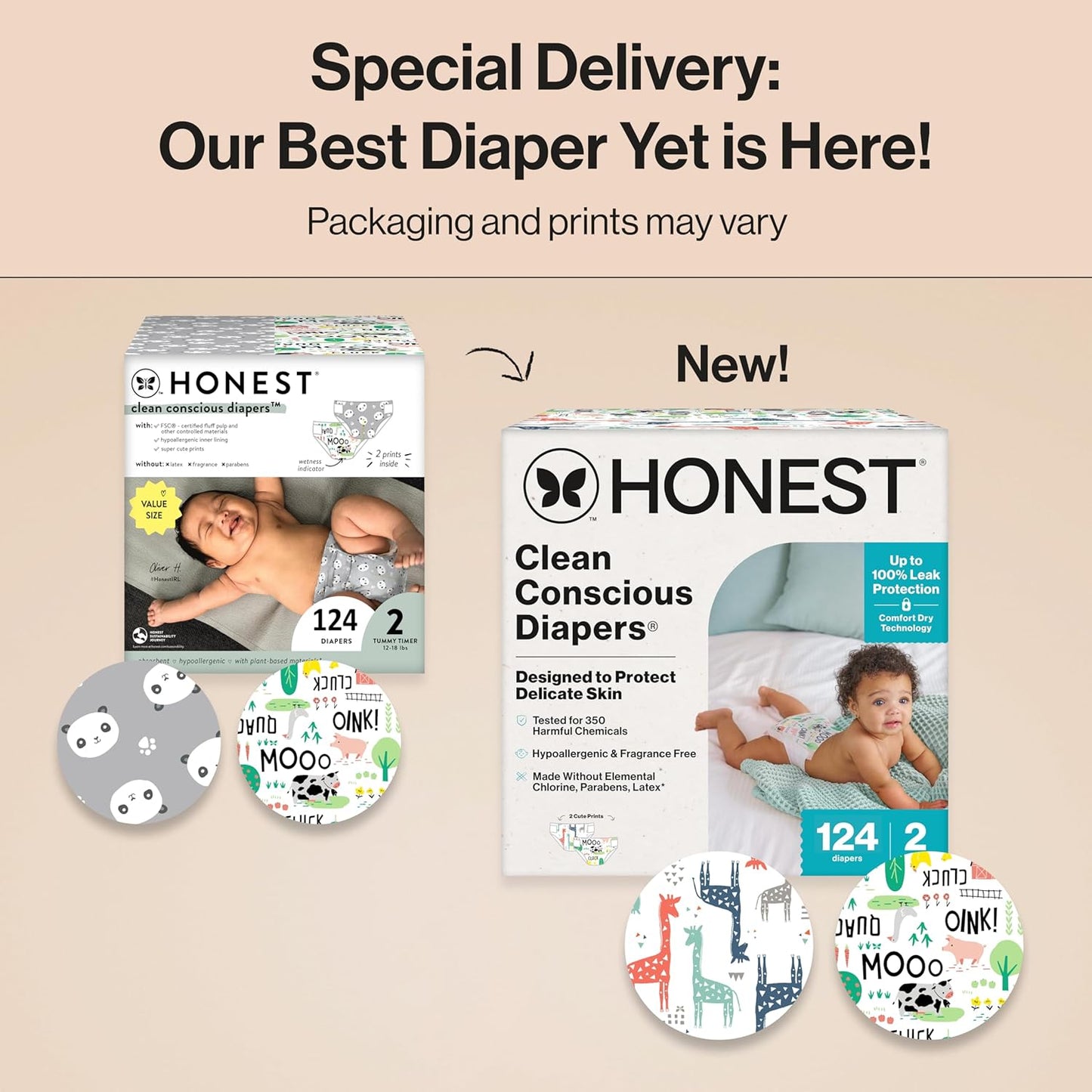 The Honest Company Clean Conscious Diapers for Delicate Skin | Up to 100% Leakproof | Hypoallergenic, Fragrance Free | Gender Neutral | Super Club Box, Size 2 (12-18 lbs), 124 Count (Prints May Vary)