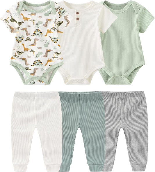 Baby Bodysuit and Pant Set 6-pcs Ribbed Soft Infant Boy Girl Clothes Outfits