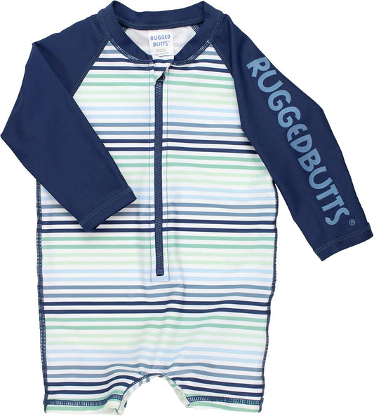 RUGGEDBUTTS Baby/Toddler Boy Swimsuit, One Piece Zipper Rash Guard Sunsuit with UPF 50+ Sun Protection