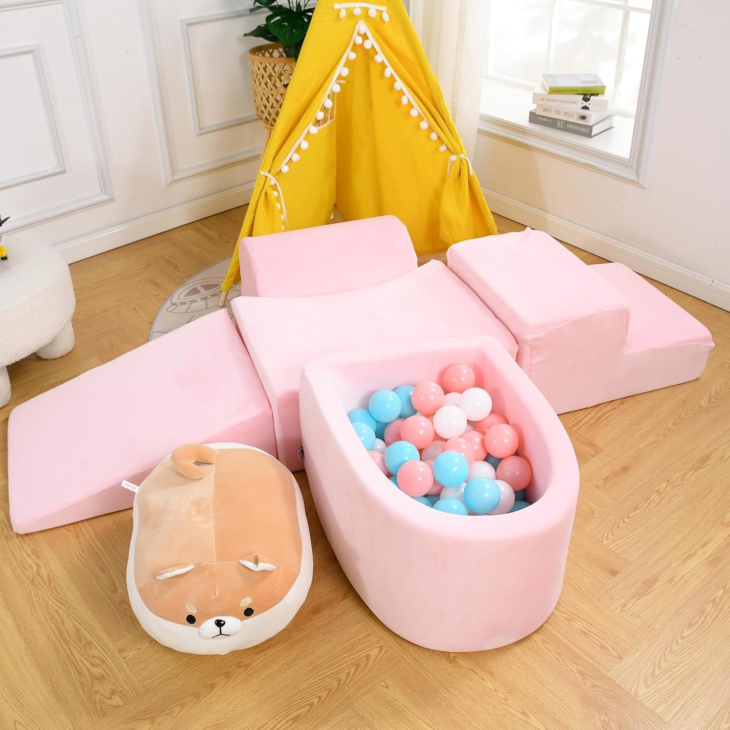 Foam Climbing Blocks for Toddlers 1-3 - Climb and Crawl Activity Playset - Indoor Activity Play Structure for Toddlers - Foam Soft Play Set for Babies - 5 PCS - Balls NOT Included - Pink