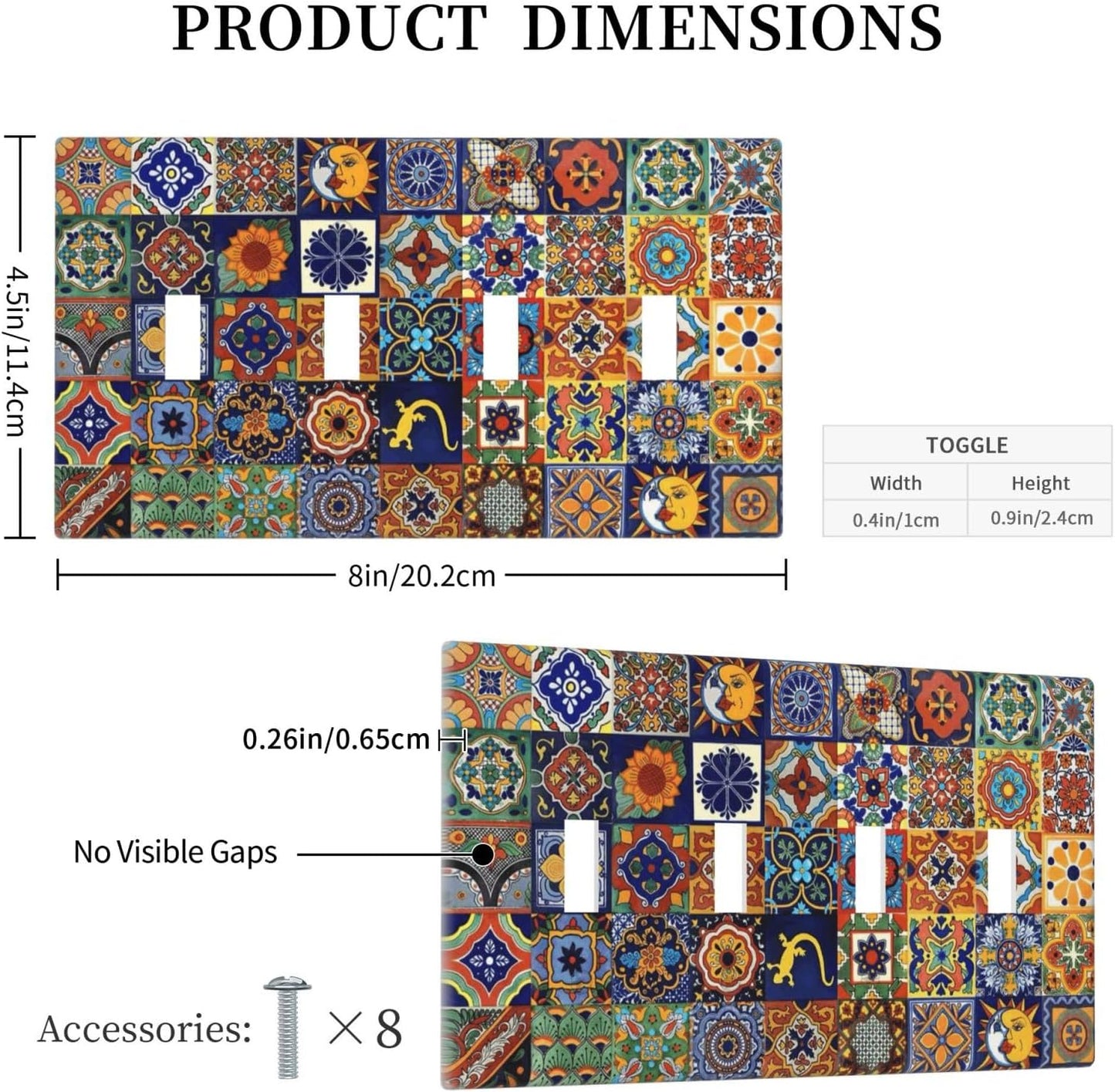 Talavera Mexican Tiles Traditional Color Decoration Print Light Switch Covers Quad Toggle Electrical Faceplate 4 Gang Wall Plate Decorative Switch Plates for Kitchen Bathroom Decor