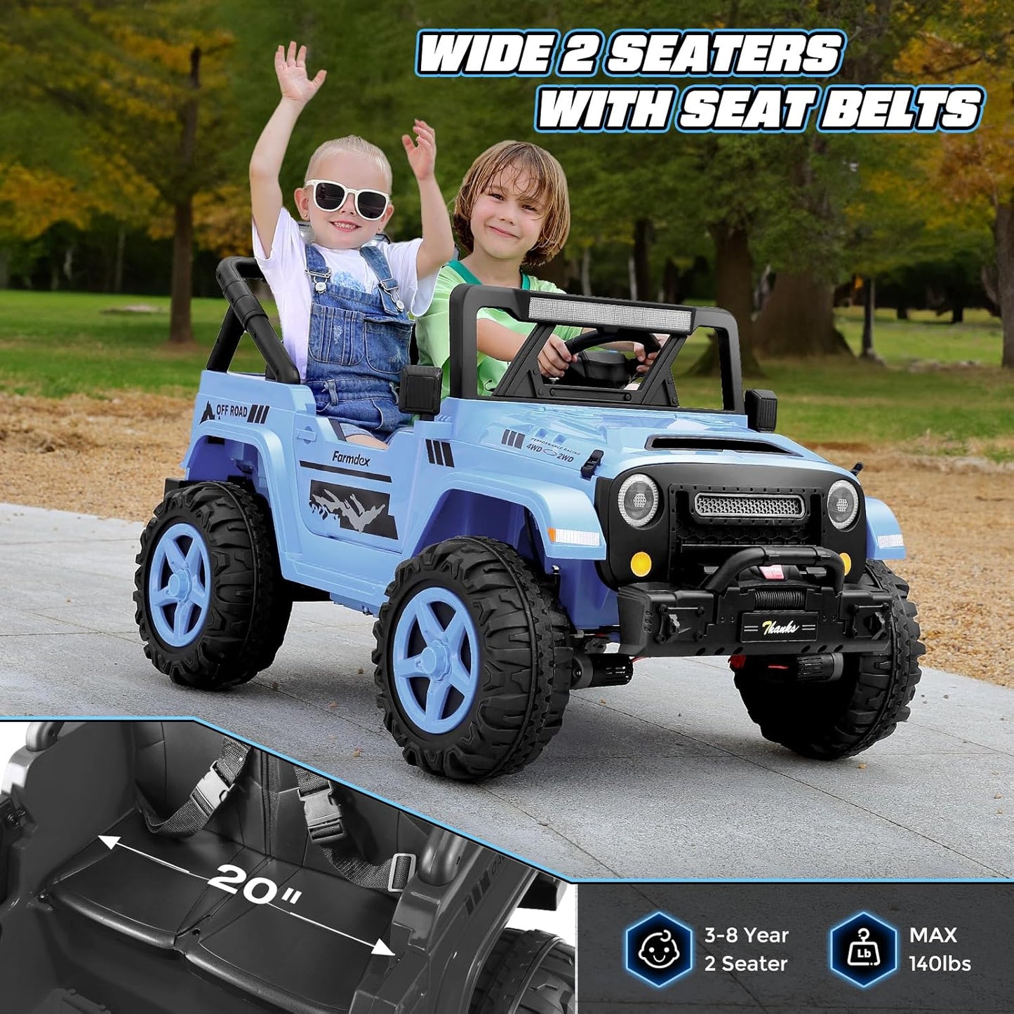 Hikole 2 Seater XL Ride on Cars for Kids - 24V Electric Car with 20 Inch Wide Seat, 4WD/2WD Switch, Remote Control, LED Lights, Music Player, Battery Powered Car for Kids, Blue-Gray