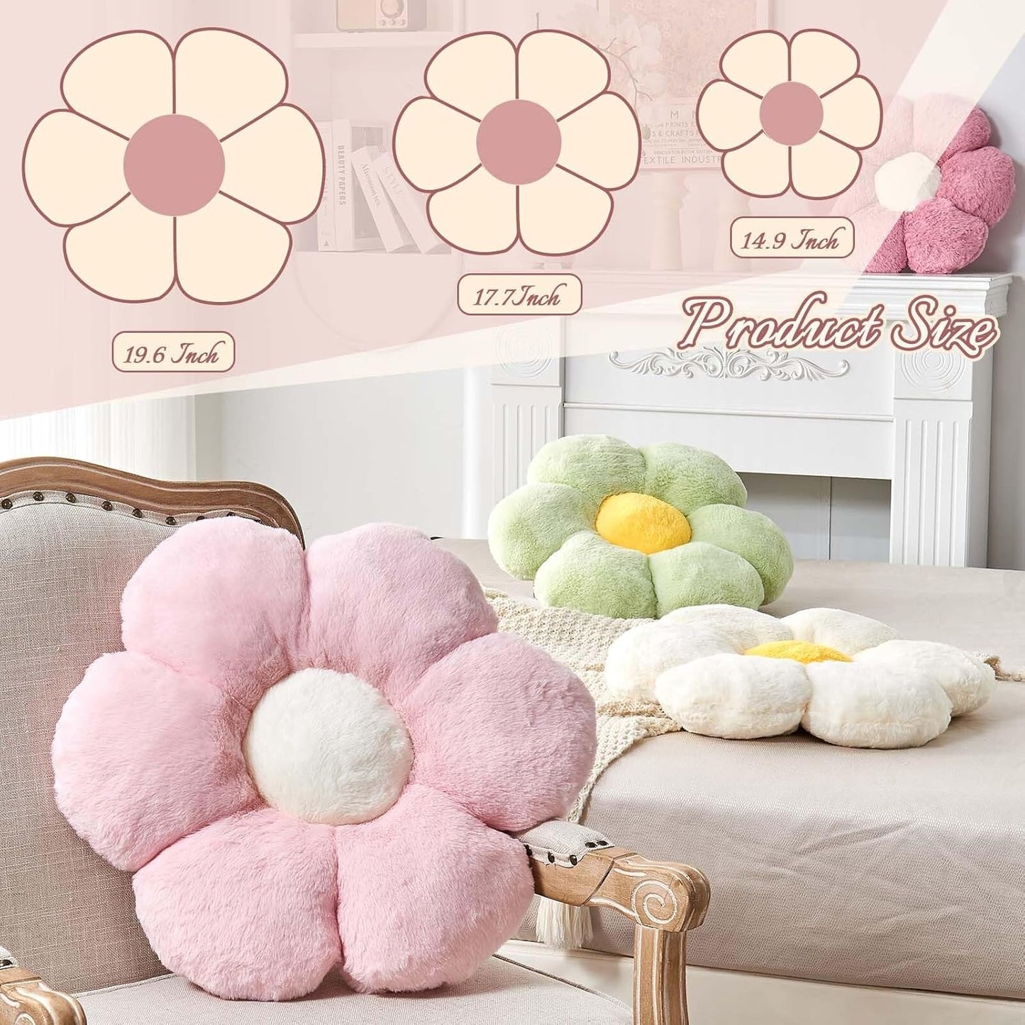 Lavender Flower Pillow, 17.7" Flower Shaped Plush Decorative Throw Pillow for Bed