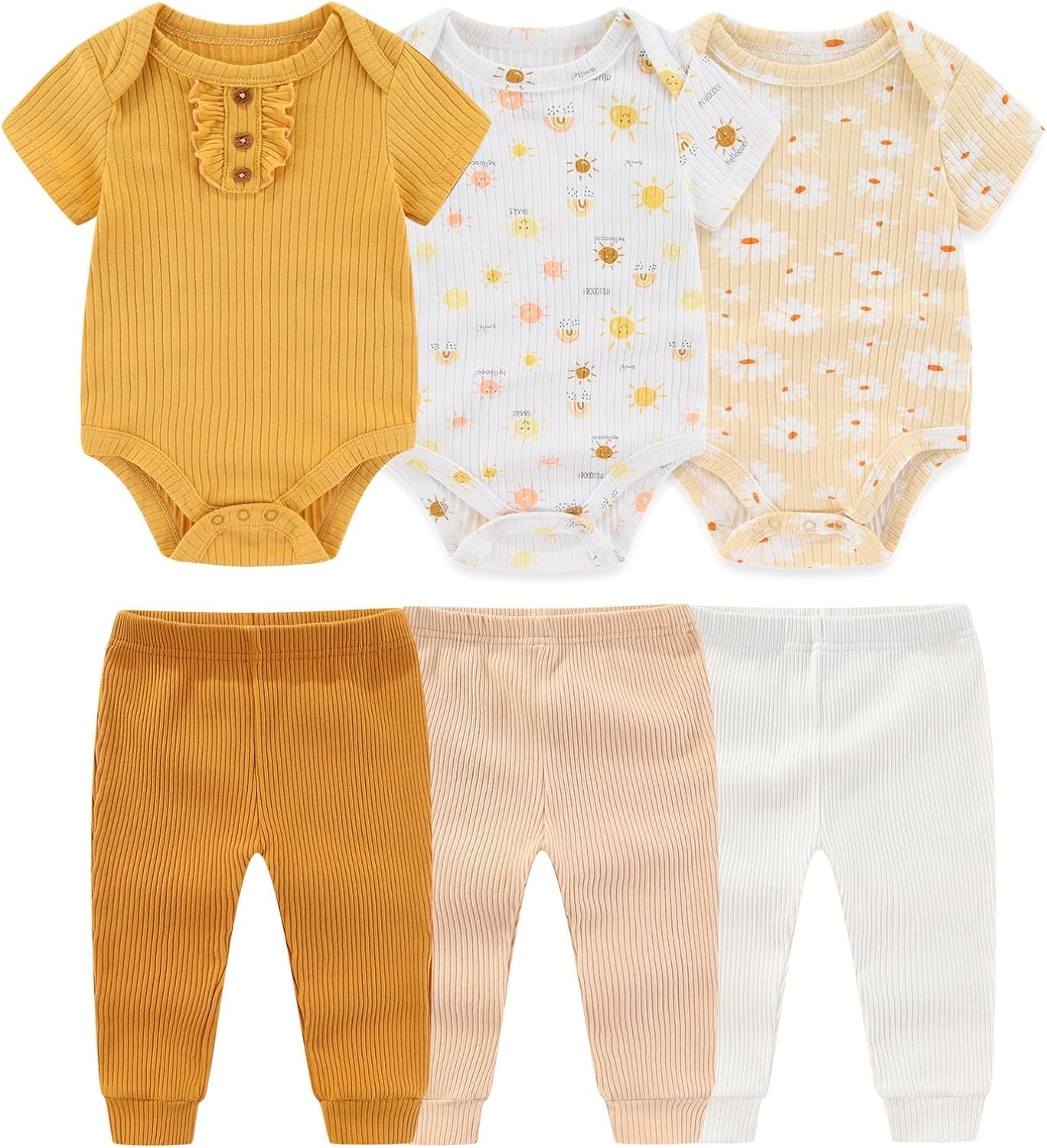 Baby Bodysuit and Pant Set 6-pcs Ribbed Soft Infant Boy Girl Clothes Outfits