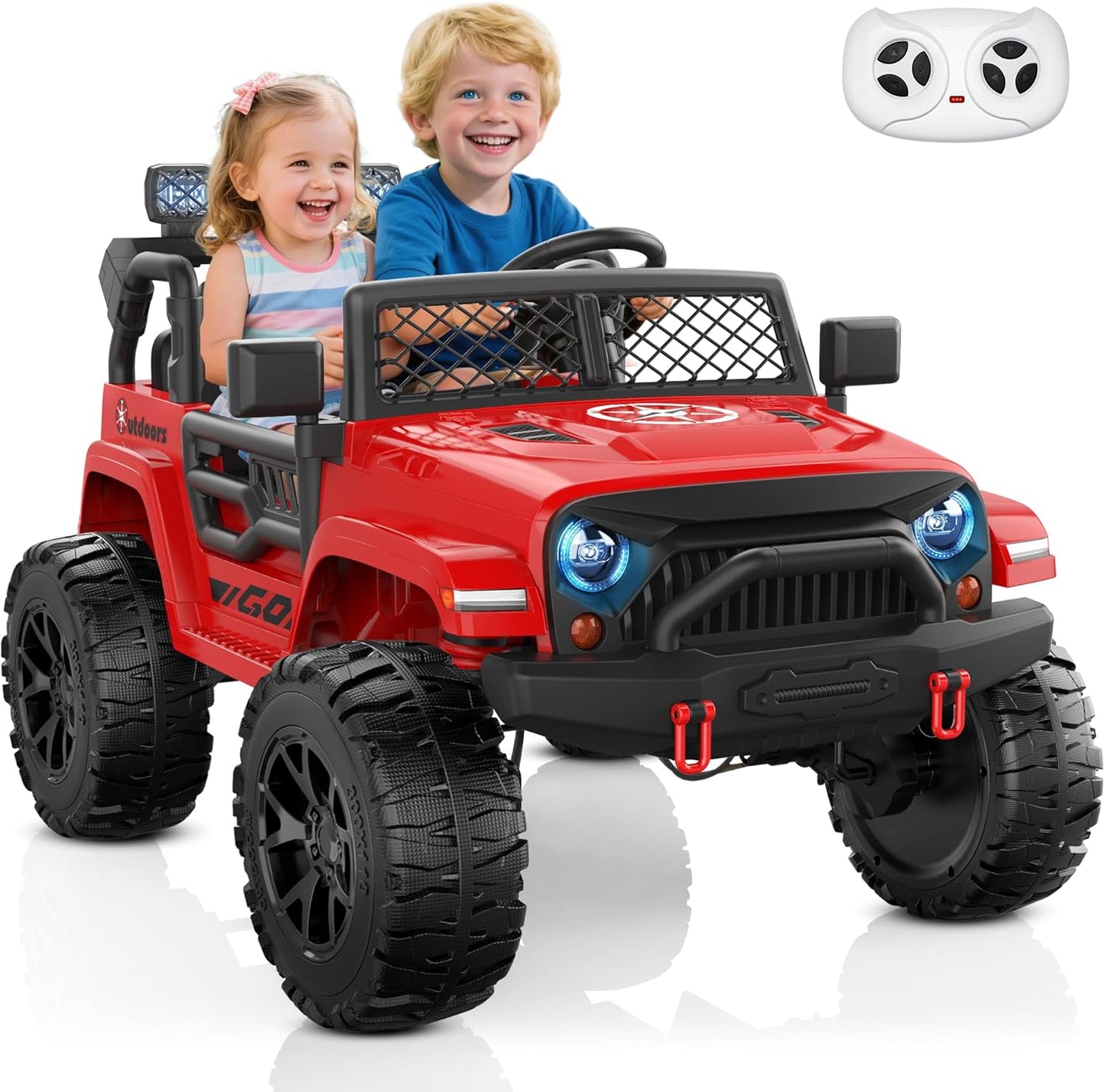 ANPABO 24V 2 Seater Ride On Car for Kids w/EVA Tires, 4X200W Motors, 4 Shock Absorbers, 2.4G Remote Control, Bluetooth Radio, LED Headlights & Searchlights, Electric Car for Kids Ages 3-8,Bright red