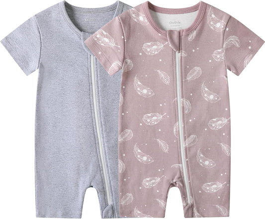 Owlivia Baby Short Sleeve Summer Romper Set, 2 Pack Tank Jumpsuit for Girls and Boys, Cartoon One Piece Coverall Outfit