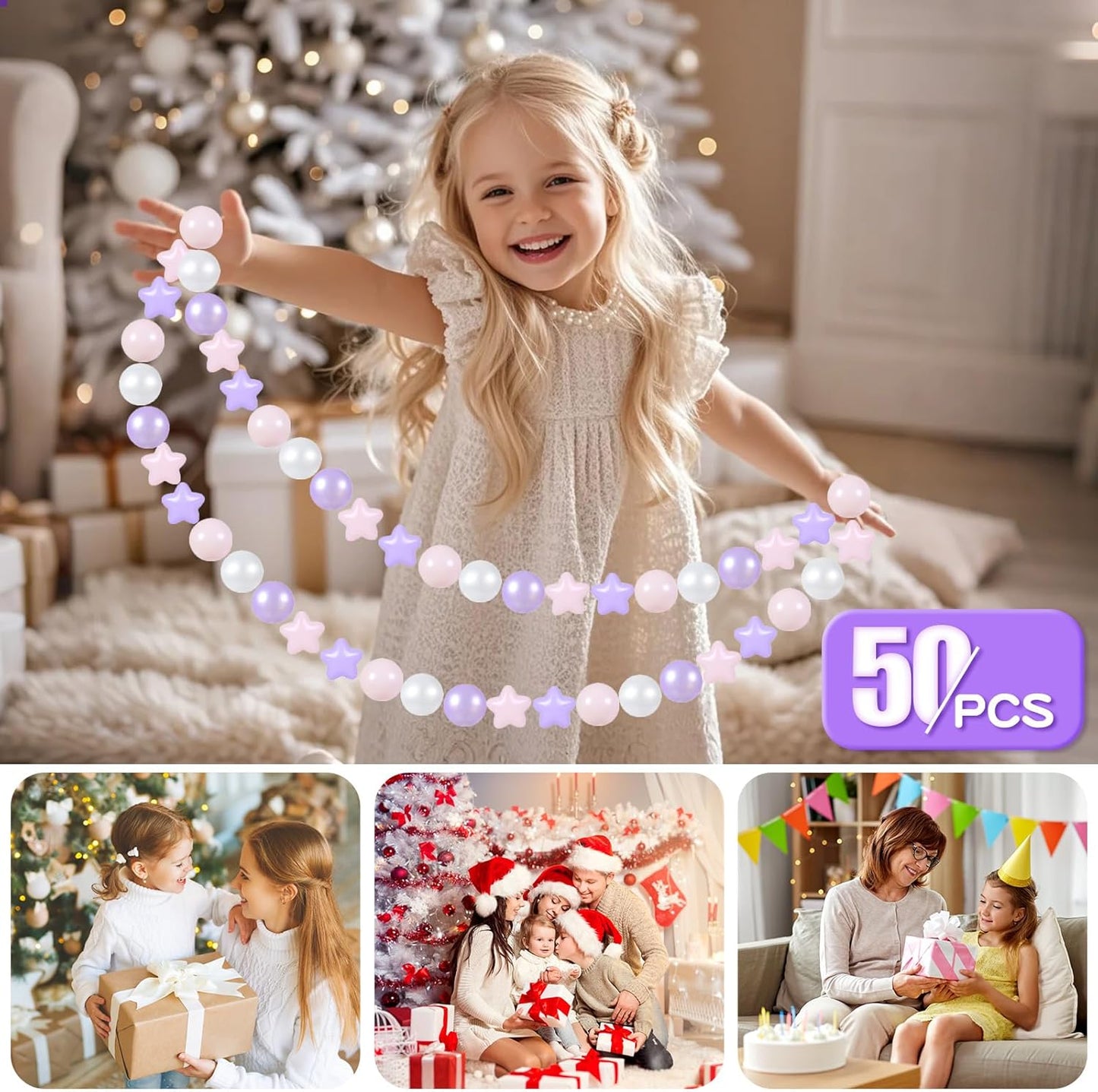 GOGOSO Balls for Ball Pit - Plastic Ball for Toddlers 1-3, Baby Kids Ball Pool Decoration 50 100 200 300 500 1000 (A Purple+Pink+White+Clear, 50 Balls)