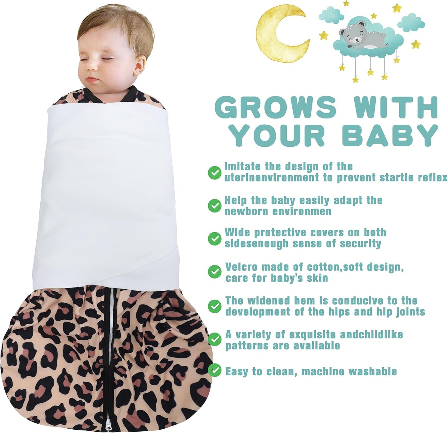 Newborn Sleep Sack Baby Swaddle,3-Way Adjustable Wearable Blanket,100% Rayon Cotton Swaddling Sleeping Bag，TOG 0.5 (Leopard & Cobble, 3-6 Months)