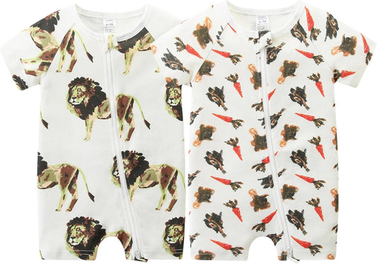 Unisex Summer Trendy 2-Pack Rompers Short Sleeve Zipped Bodysuit Infant Cotton Outfits