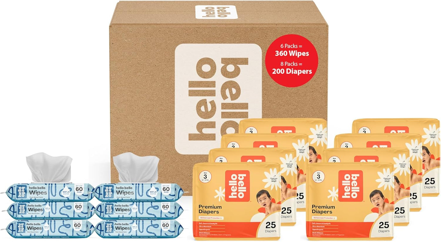 Hello Bello Mega Surprise Pack, Size 3 (14-24 lbs), 200ct Hypoallergenic Assorted Diapers with a Soft, Cloth-Like Feel Plus 360 Ultra Gentle Unscented Baby Wipes in 6 Resealable Packs