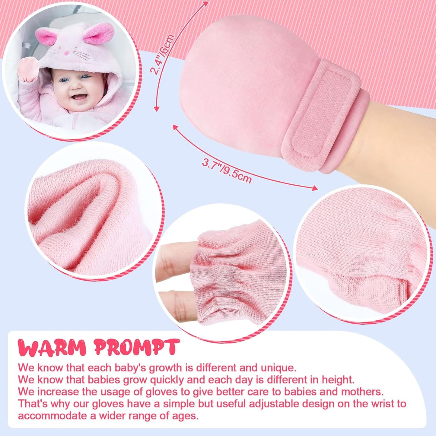 Newcotte 12 Pairs Adjustable Preemie Baby Mittens No Scratch Newborn Cotton Breathable Gloves Warm Mitts for Boys Kids