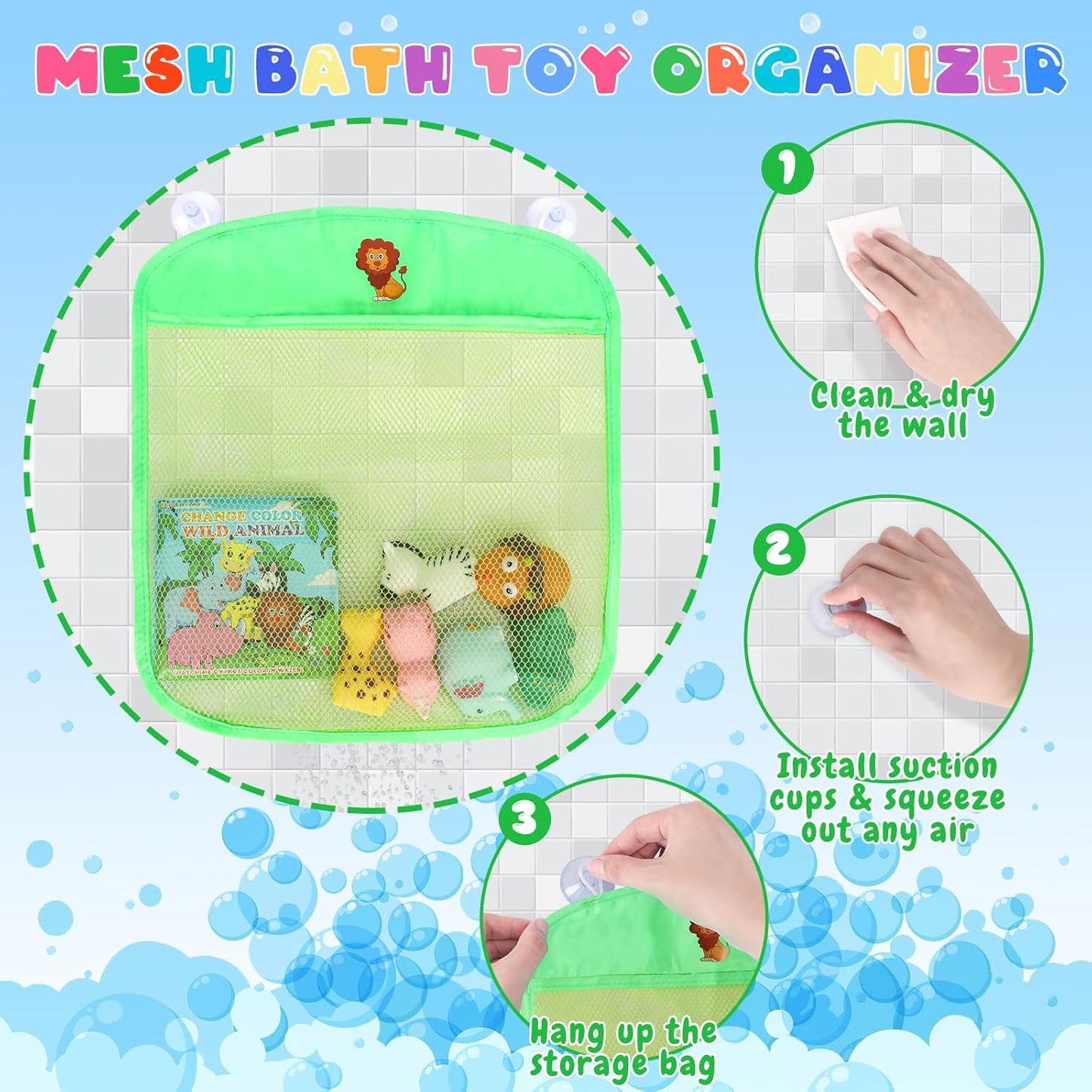 Light Up Bath Toys for Toddlers Kids Baby Boys Girls, No Hole Bath Toys with Bath Book & Organizer, Glow Bath Time Toys for Bathrooms Pool, Animals Bathtub Toys Gift for Toddlers Kids Baby Infants