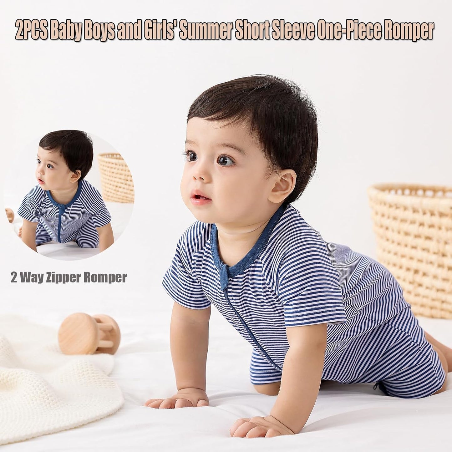 Feidoog Baby Boys 2Pack Rompers Summer Short Sleeve 2 Way Zipper One-Piece Romper Jumpsuit Sleep and Play