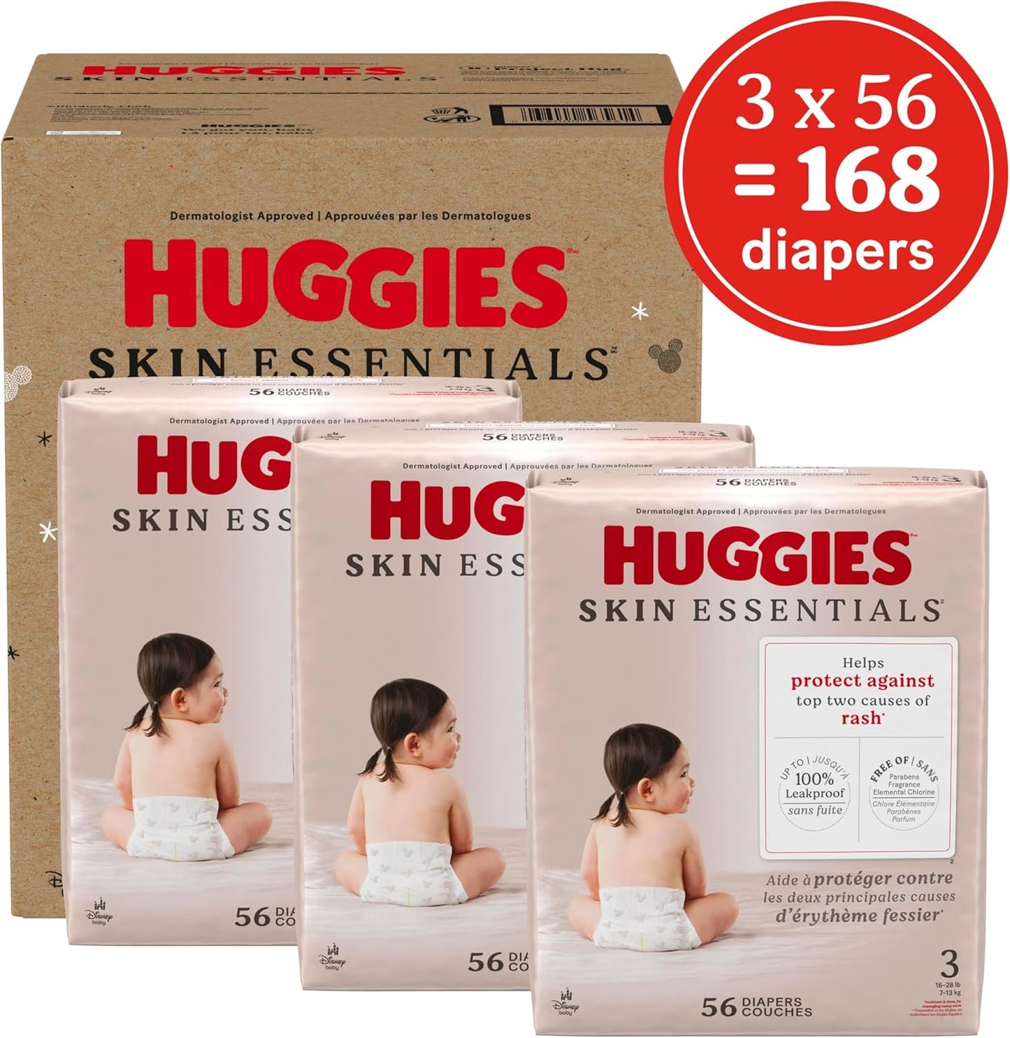 Huggies Size 3 Diapers, Skin Essentials Baby Diapers, Size 3 (16-28 lbs), 168 Count (3 Packs of 56), Packaging May Vary