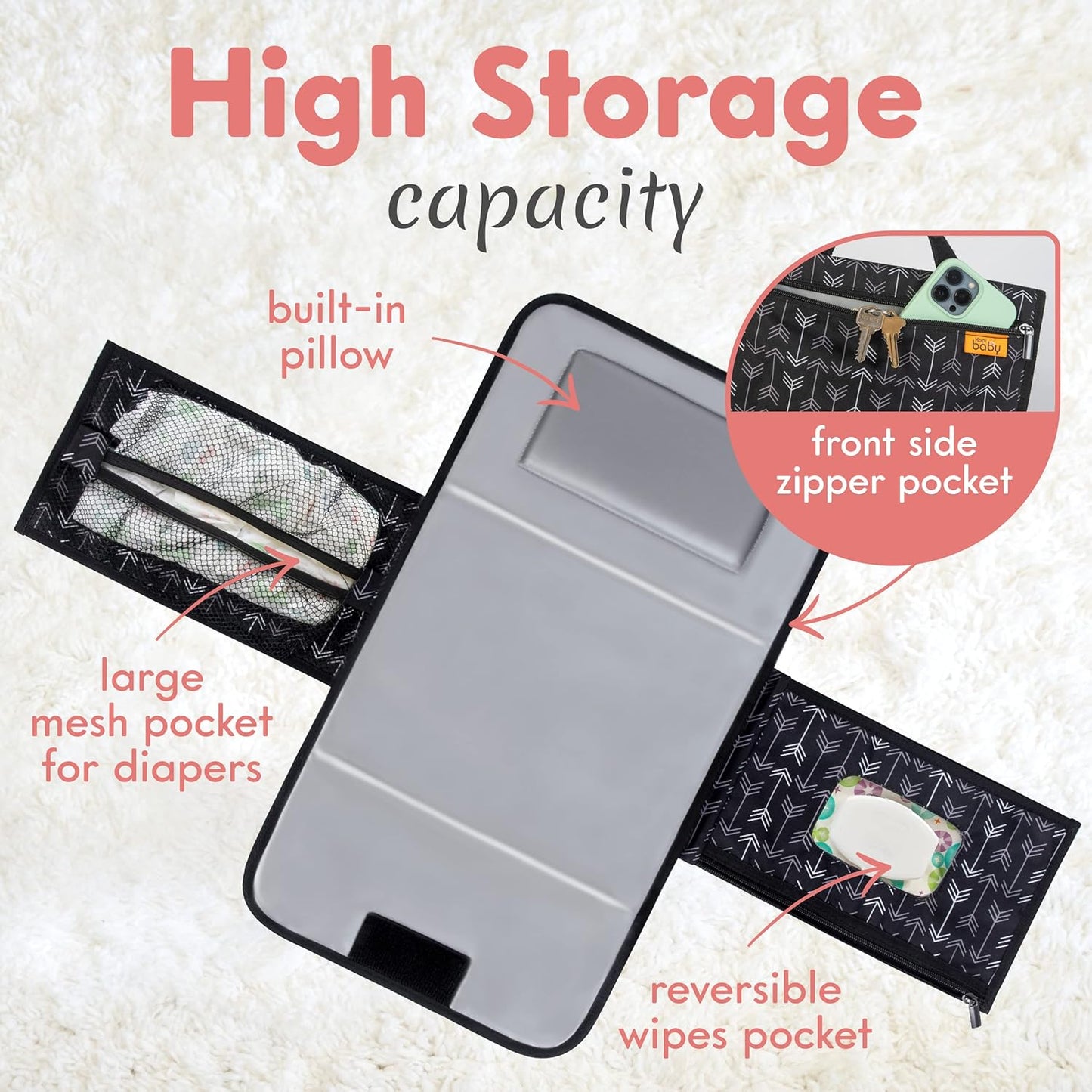 Kopi Baby Portable Diaper Changing Pad - Baby Changing Pad & Diaper Changer Travel Bag, Smart Design Baby Changing Mat, Portable Changing Pad for Baby, Baby Changing Station, Infant Gift - Black Arrow