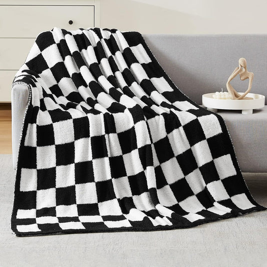 WRENSONGE Checkered Throw Blanket, Black and White Soft Cozy Fluffy Warm Hand Made Throw Blankets for Couch, Sofa, Chair, Bed, Camping, Picnic, Travel Lightweight Bed Blanket - 60"*80"
