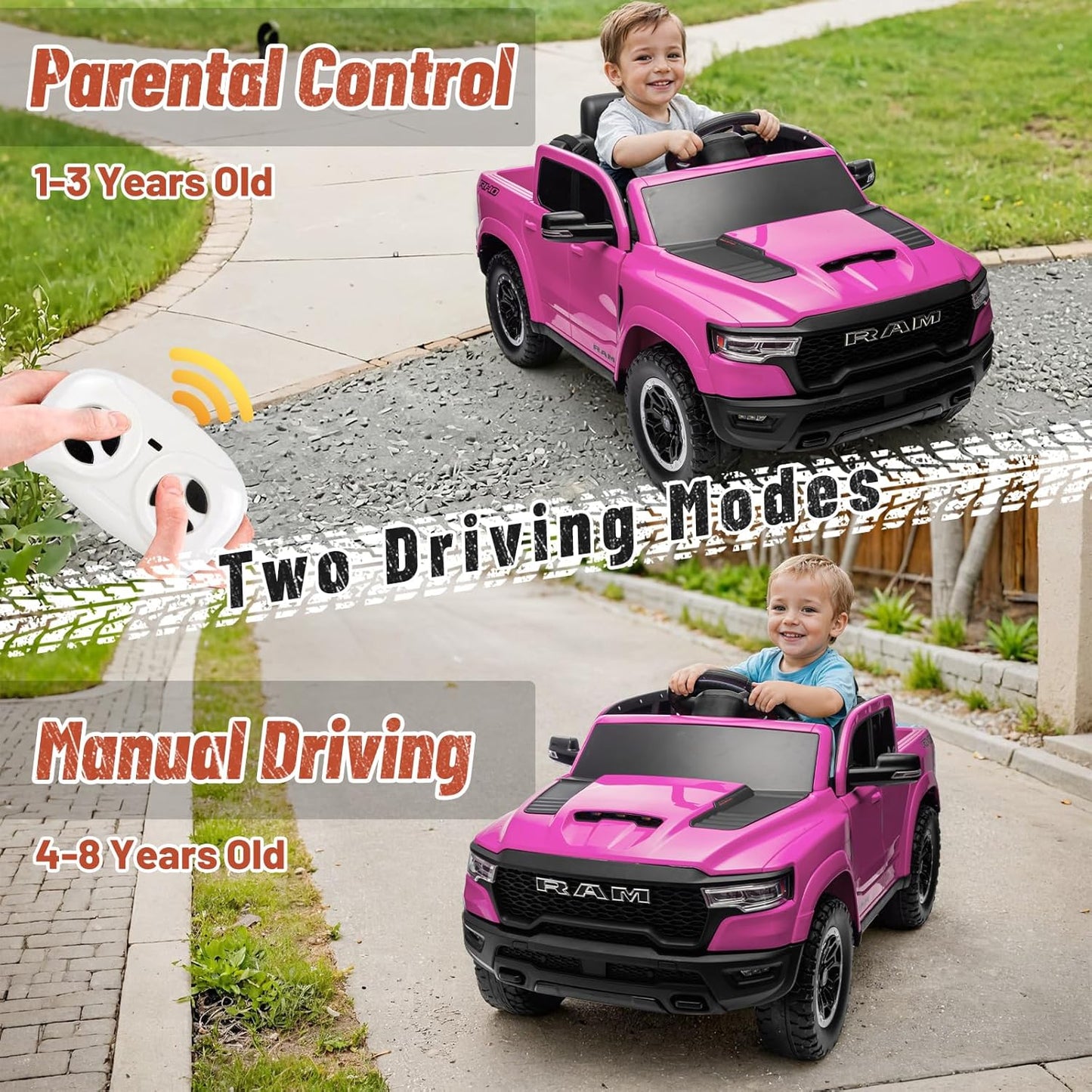 Licensed Ram 1500 Ride on Toys for Kids 4-8, Ride-on Electric Car for Kids with Remote Control, Battery Powered with Car Key/Gear Selector, LED Light/Music/MP3, Back Storage (Pink)