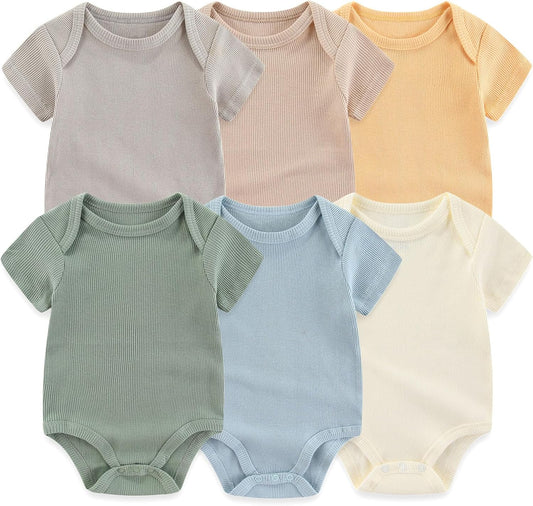 Baby Bodysuit 6 Pack Soft Mixed Ribbed Short Sleeve Romper Infant Boy Girl Clothes Set