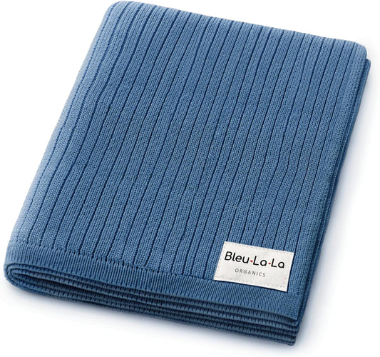 Organic Ribbed Swaddle Blanket for Boys & Girls - 100% Luxury Organic Soft Cotton Knit Warm Cozy Cuddle Stroller Crib Blanket for Newborns, Infants, & Toddlers (Denim Blue)